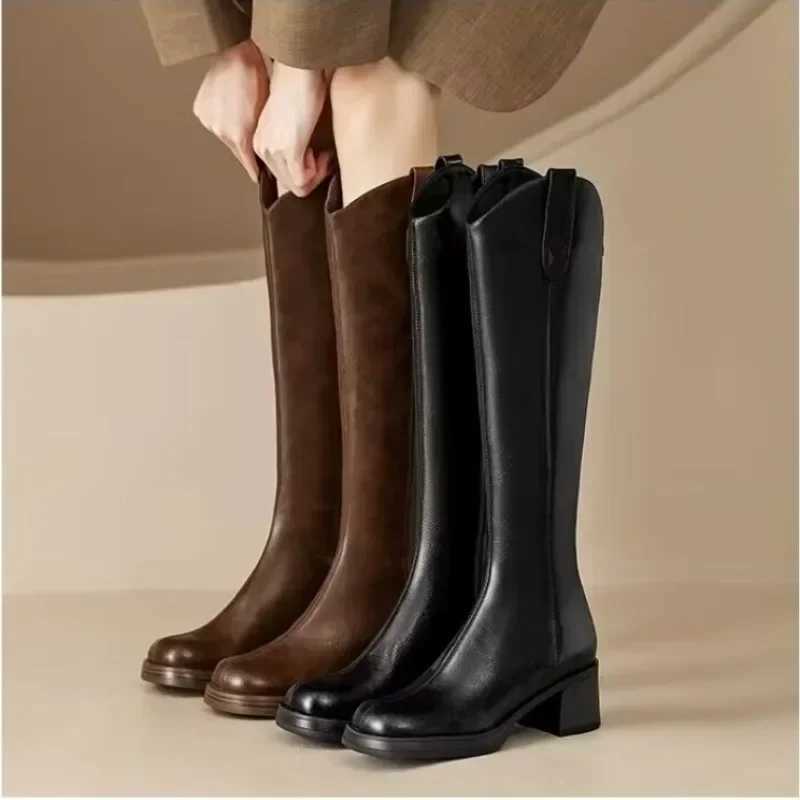 High Quality Brown knee long cycling boots for women round soft leather thick heels high heels T241206