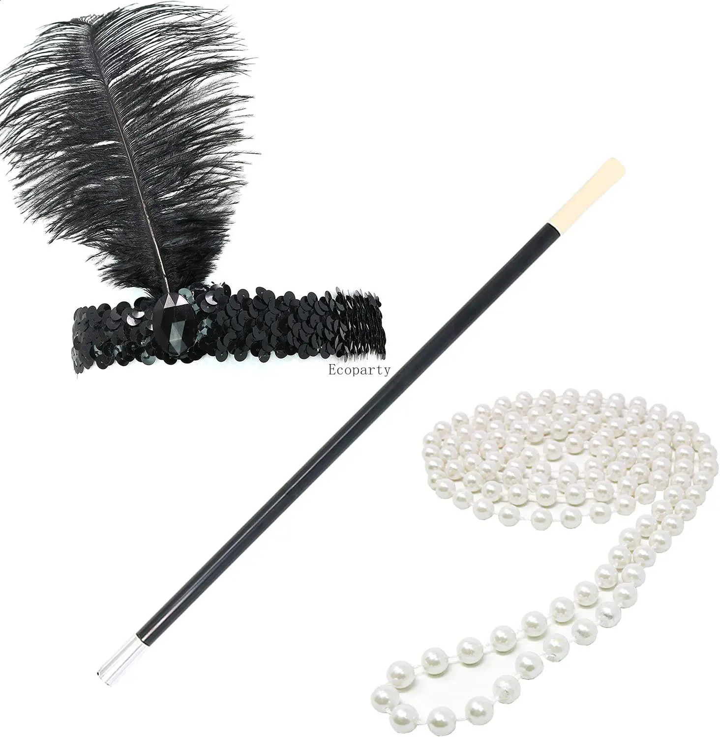 1920s Accessories Great Gatsby Costume Set 20s Flapper Headband Pearl Necklace Cigarette Holder Charleston Femme 241122