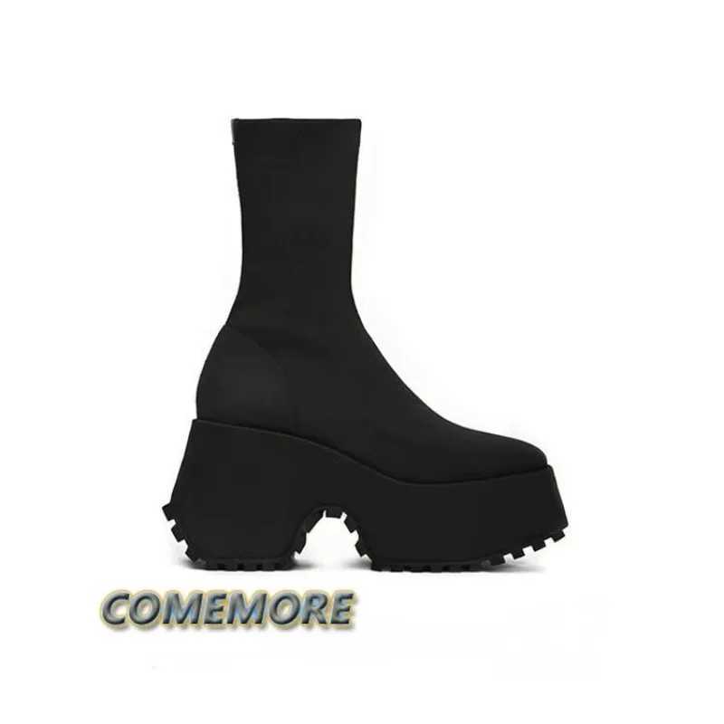 High Quality Leisure New Thick High Heels Warm Knee Socks Boots Mid calf Platform Wedge CK Autumn Winter Boots Fi T241206