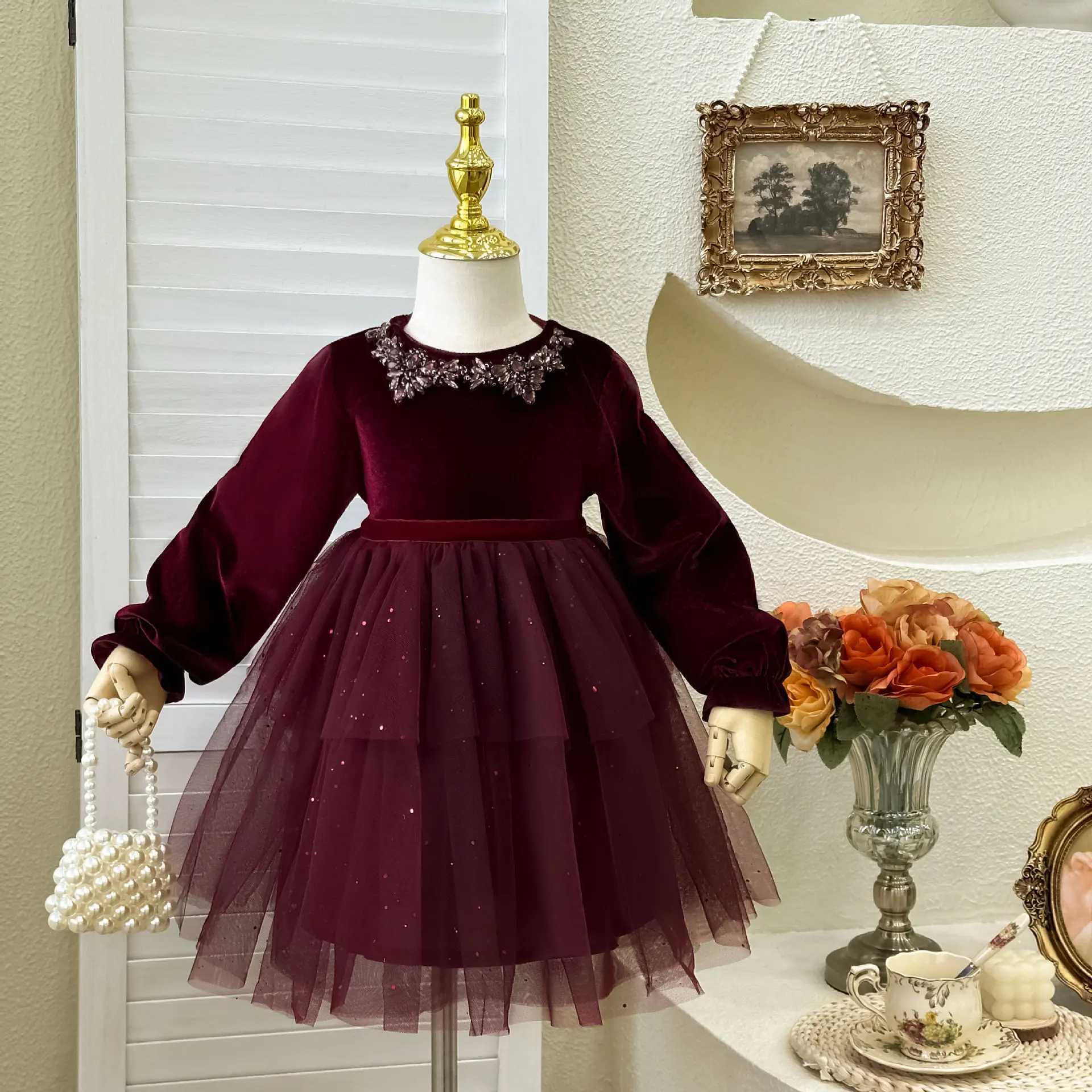 Girls Velvet Dress Autumn Winter Long Sleeve Shinny Little Girl Birthday Dress Elegant Puffy Kids Girls Princess DressXJ241206