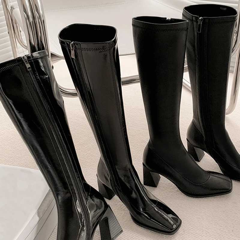 High Quality Patent leather high H Lg boots Wen autumn square toe knee high Botas Wan Side zipper thick high heels Fem T241206