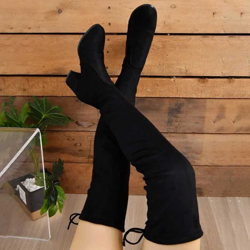 High Quality Sexy club black thick high heels suitable for wearing shoes above the knee and elastic boots Botas Altas Plataforma Mujer T241206