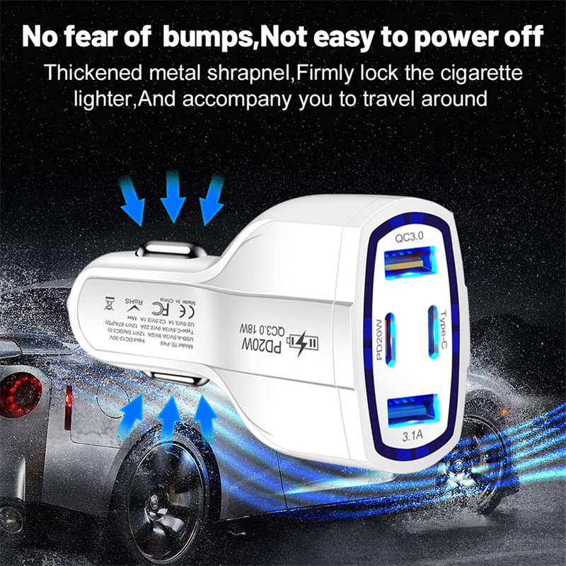 4 in 1 Car Quick Charger PD 20W 2USB+2PD Car Power Adapter USB Tyoe C Car Cigarette Lighter Charger 12-30V for iPhone 16 15 14 Huawei Samsung