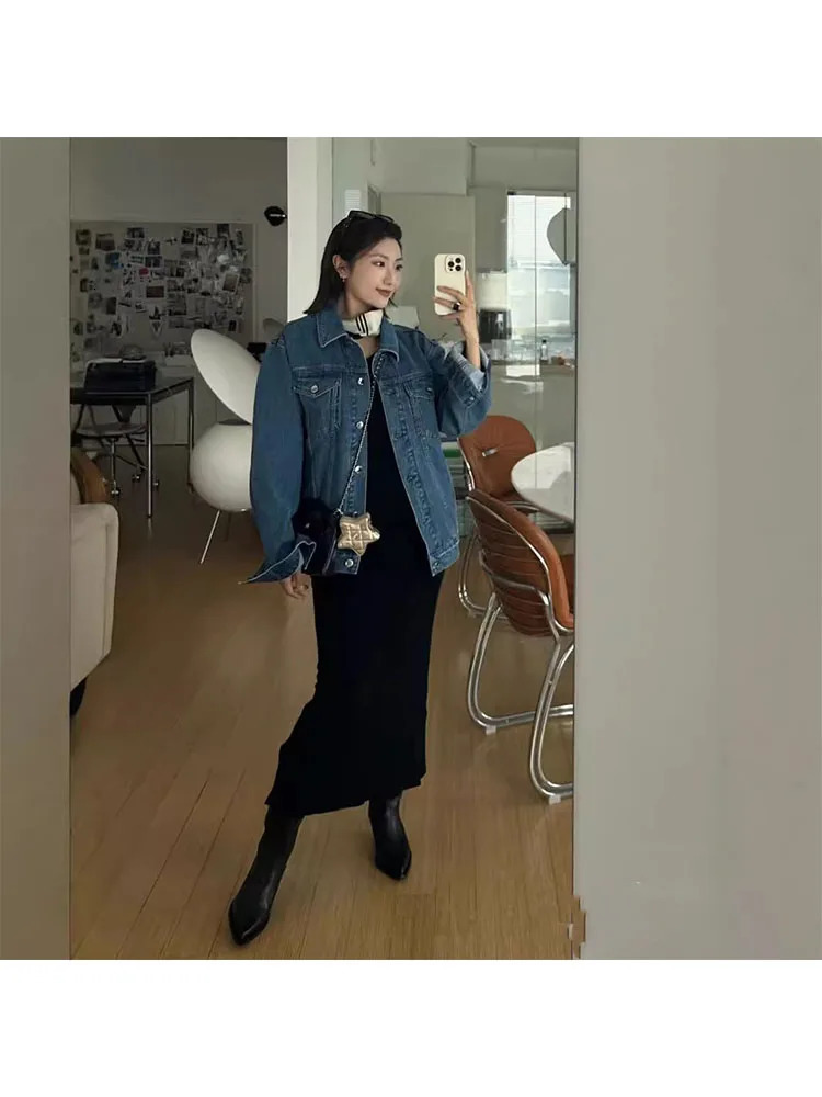 2024 Autumn Womens Cotton Long Sleeve Classic Cowboy Jacket Casual Full Match Collar Single Corset 241206