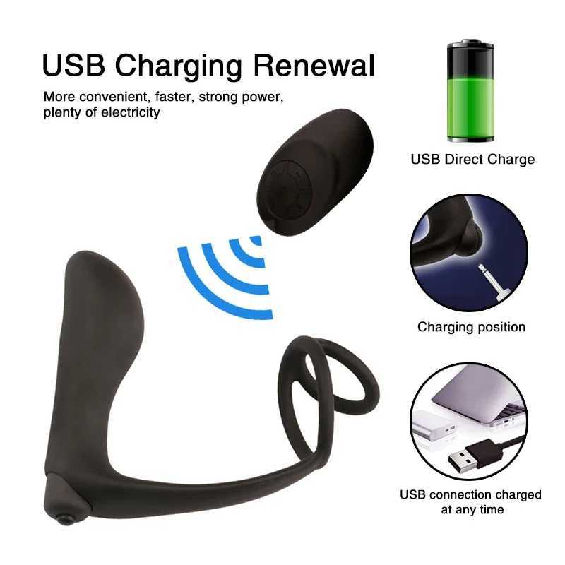 Male Prostate Massager Vibrator Butt Plug Anal Masturbator Silicone Penis Ring Delayed Ejaculation Sex Toys for Man Gay CoupleXJ241206