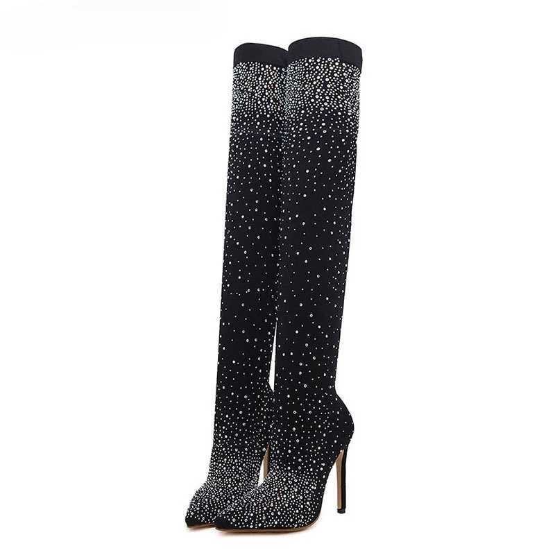 High Quality Sexy high H socks knee boots Pointed Toe Design crystal Rhine stretch fabric Pole Dancing Wen Shoes T241206