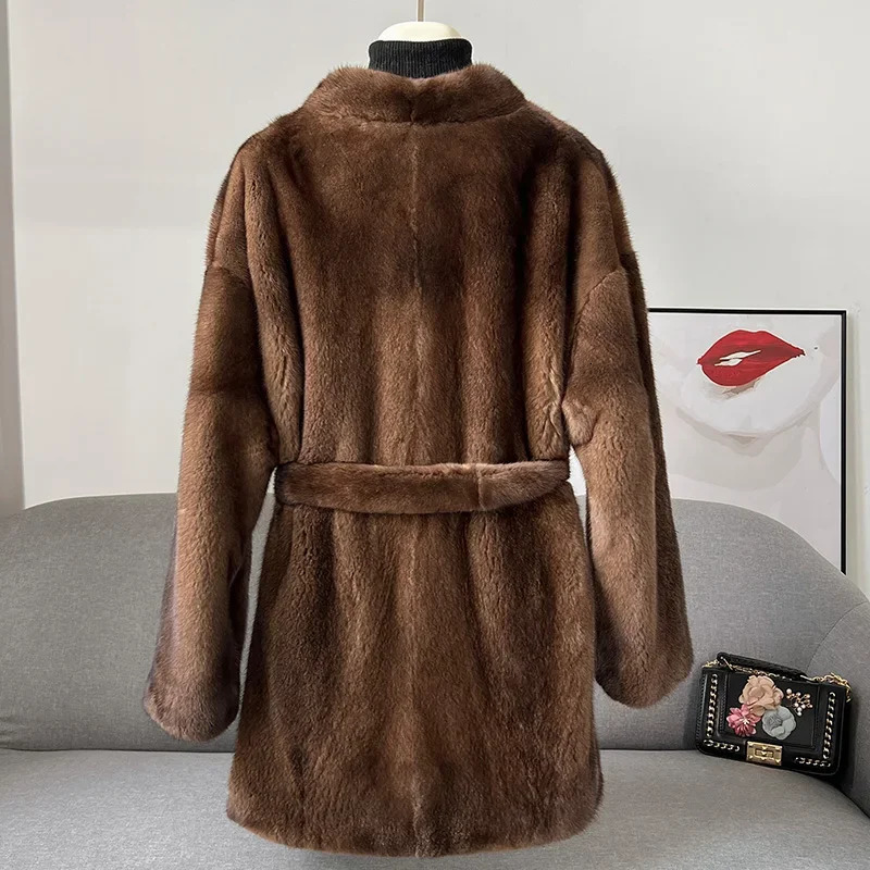 Full mink Coat Womens Velvet Mink Medium Long Hair Leather Jacket Womens Winter Jacket Lace Elegant Womens Top FCY 241202
