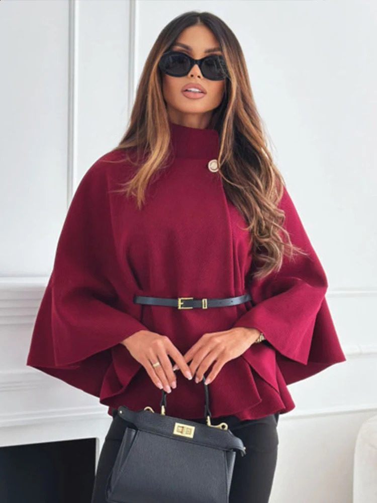Lady Cloak Cape Woollen Tweed Poncho Thick Autumn Winter Women Single Buckle Batwing Sleeve Coat Elegant Warm Loose Outwear 241204