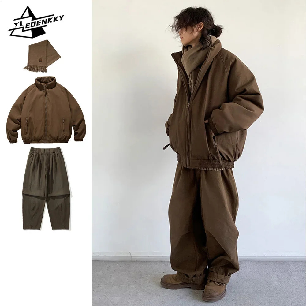 Winter Retro Set Men Women Thickened Warm Lightweight ParkLoose Straightleg Wideleg Casual Cargo Pants Japanese Unisex Suit 241205