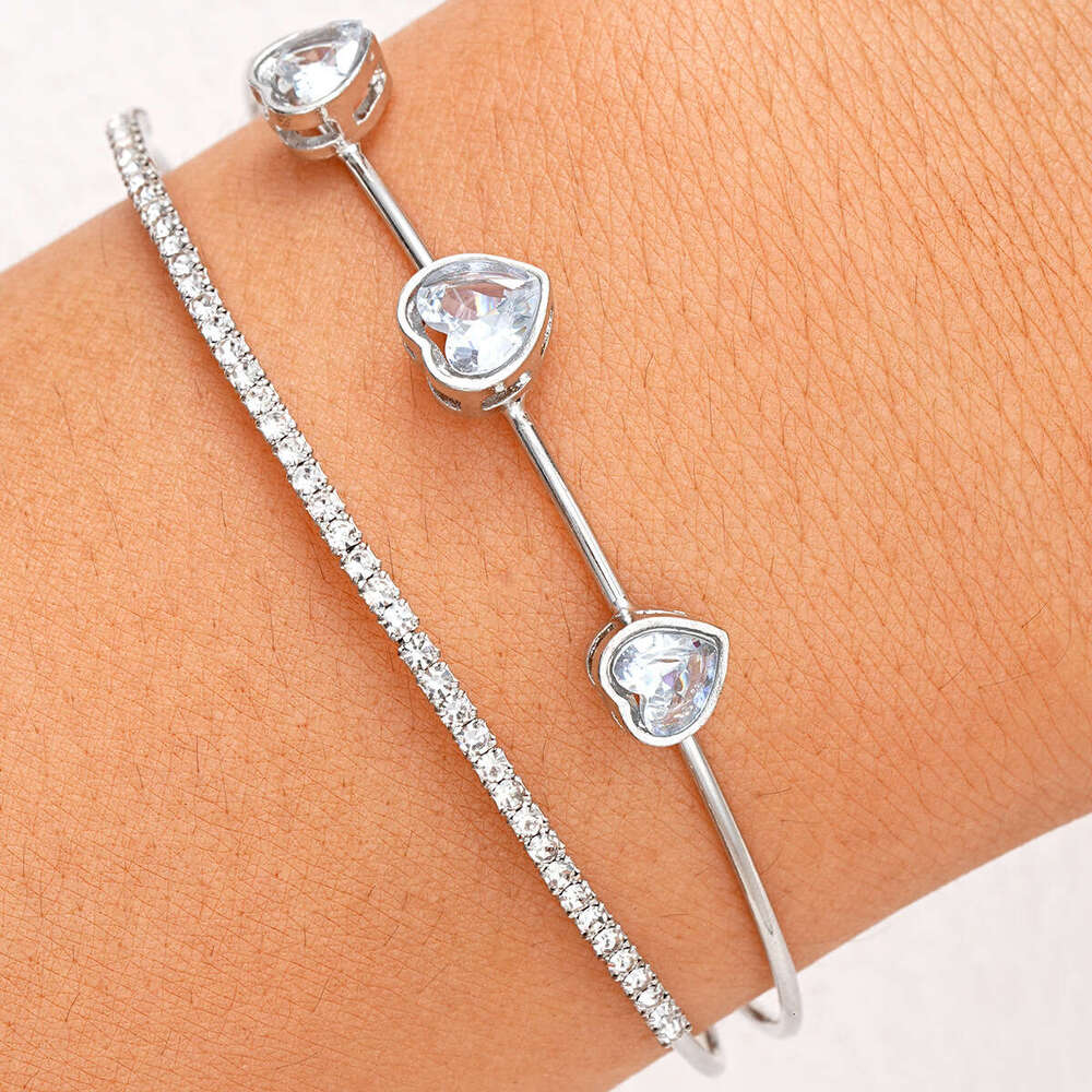 New fairy style dia studded heart-shaped zircon double-layer open bracelet with fresh, sweet, exquisite and trendy accessories