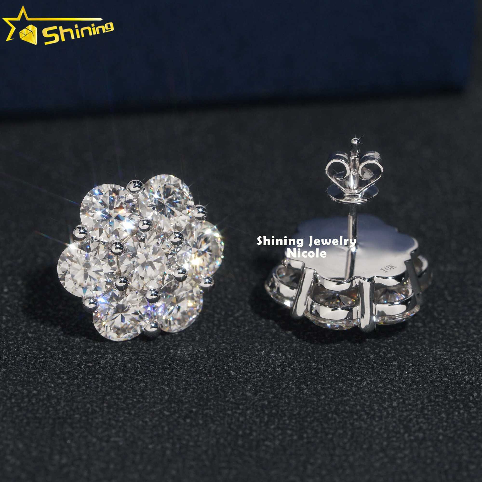 Hip Hop Fashion Iced Out 15MM Width Real 10k Solid Gold VVS Moissanite Flower Earrings for Men