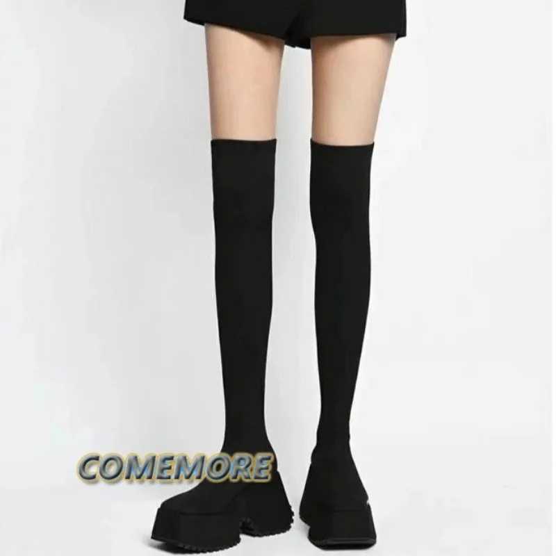 High Quality Leisure New Thick High Heels Warm Knee Socks Boots Mid calf Platform Wedge CK Autumn Winter Boots Fi T241206