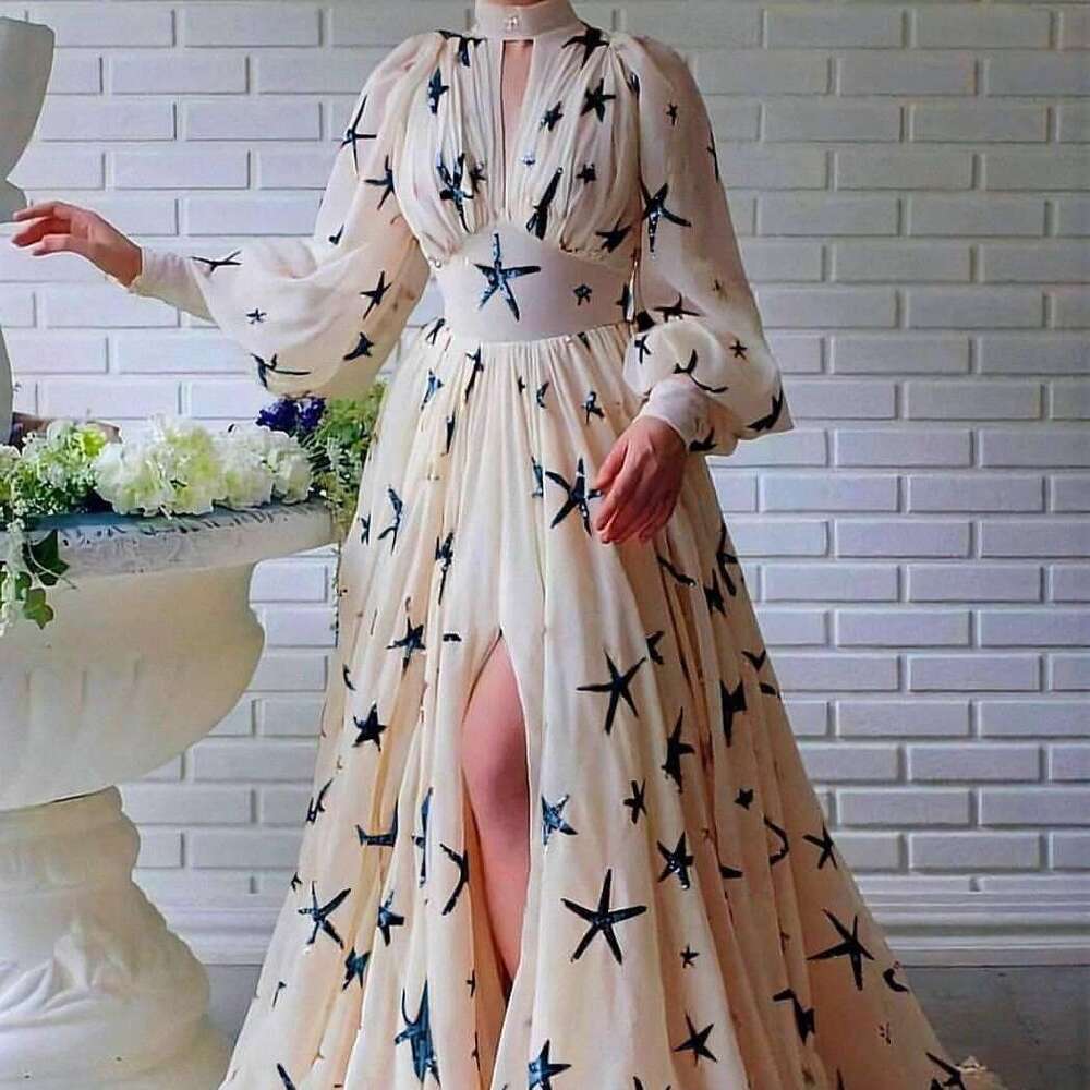 YX2024 multi colored bulk semi high collar sequin slit lantern sleeve big swing chiffon dress 2024 new casual versatile fashion clothing