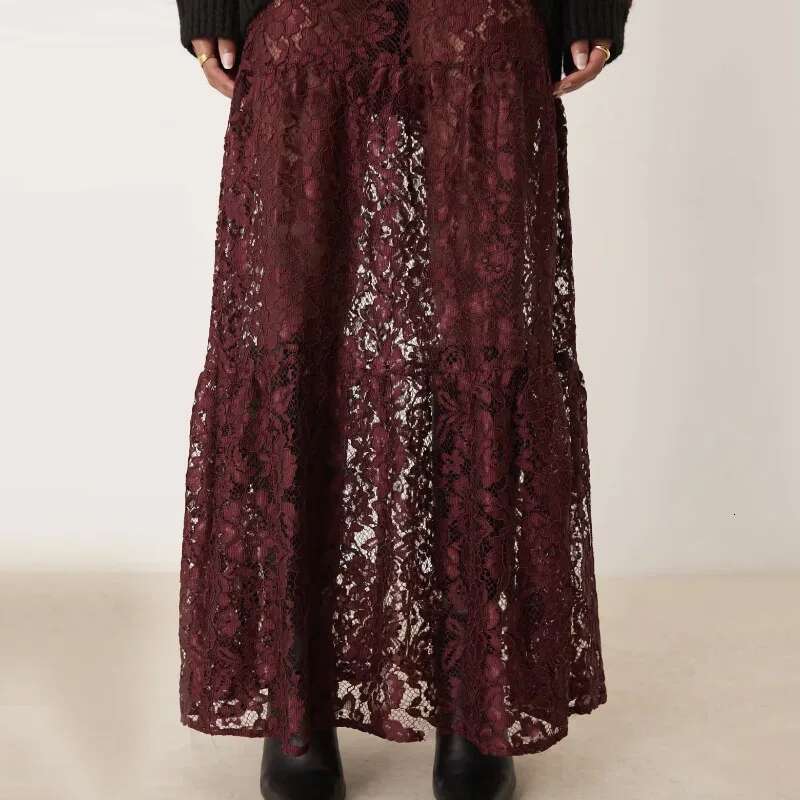 Women's High Waist Sexy See-Through Versatile Solid Casual Ral Patchwork Retro Lace Long Skirt