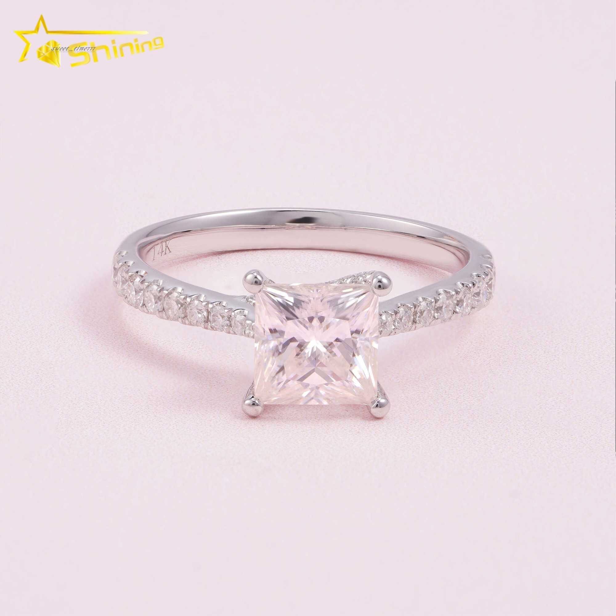 Pass Diamond Tester Classic 1ct Princess Cut VVS Moissanite Engagement Ring 14K Solid White Gold Wedding Women Ring