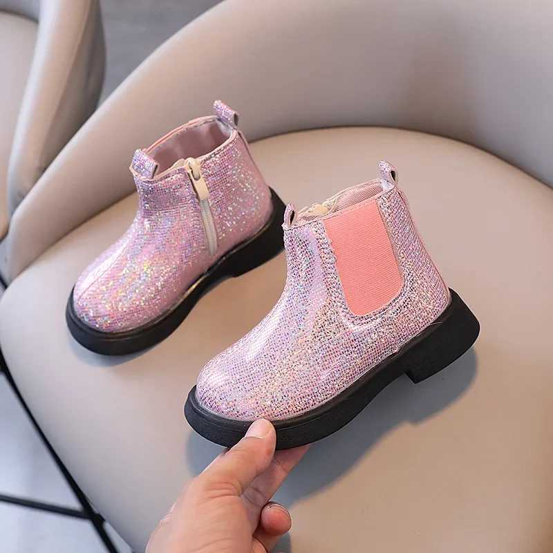 Sparkly Evening Prom Par Shoes Girls Appealing Princess Chelsea Boots for Children Glitter Lattice Low Heel Short Boots H03292XJ241206