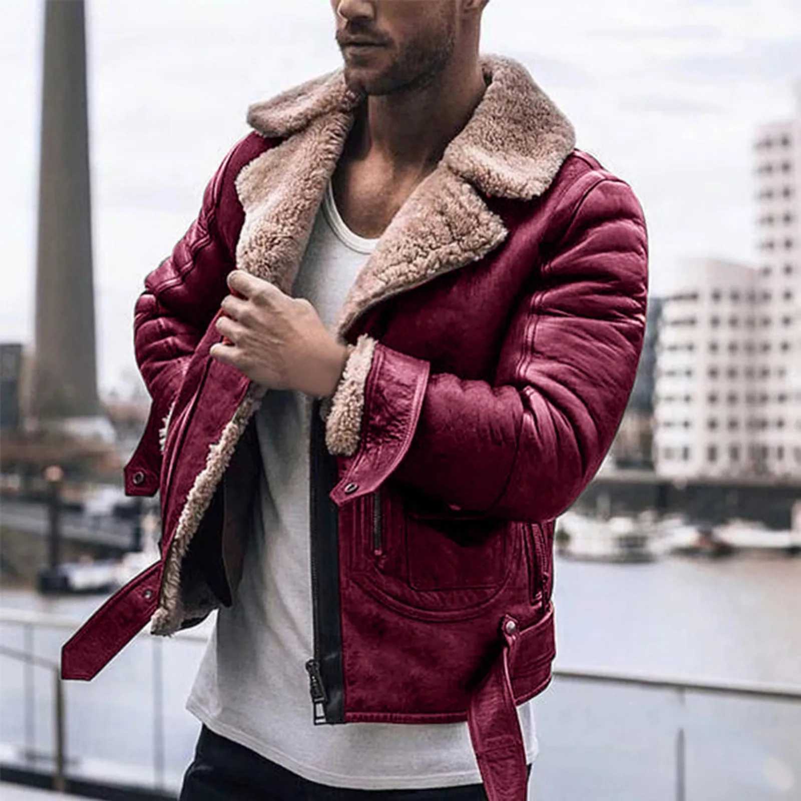 Autumn Winter Fashion Faux Fur Bomber Jacket Mens Thicken Motorcycle Jacket Zipper Double-sided Fur Jackets Keep Warm CoatsXJ241206