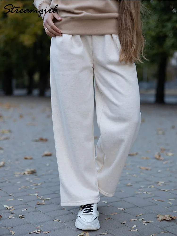 Loose wool pants womens winter wide leg thick velvet casual pants womens warm swan velvet pants winter beige 241202