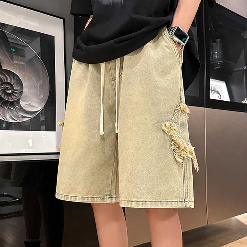 Patchwork Star Pattern Denim Shorts Men Straight Loose Sports Casual Baggy Pants Male Short Jeans Mens Vintage Knee Length PantsXJ241206