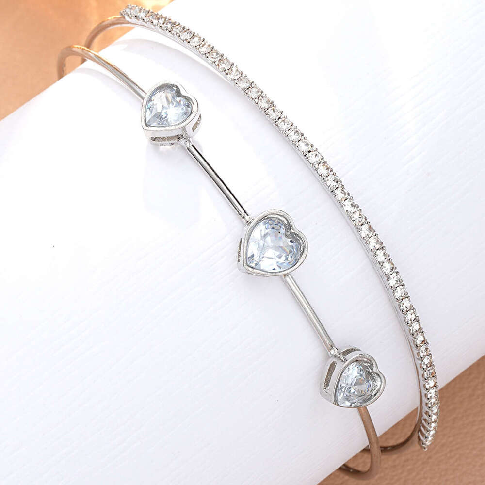 New fairy style dia studded heart-shaped zircon double-layer open bracelet with fresh, sweet, exquisite and trendy accessories