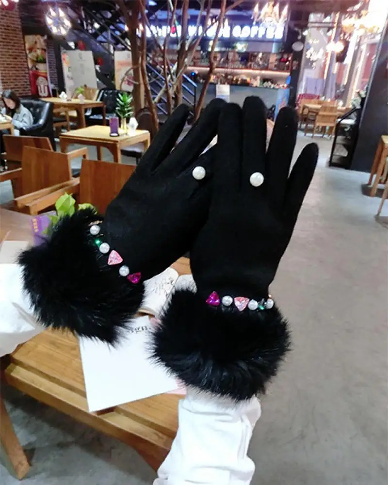 Colorful rhinestone sparkling diamond wool cashmere gloves Korean fashion five finger warm touch screen gloves for women 241206