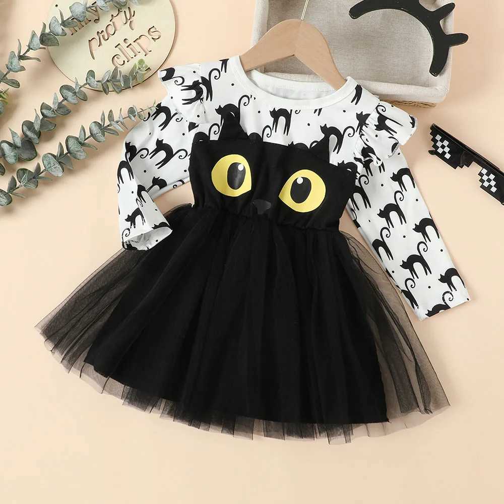 Halloween Infant Baby Girls Tulle Costume Cute Black Cat Lace Dress Ruffles Long Sleeve Princess Clothes Par OutfitsXJ241206