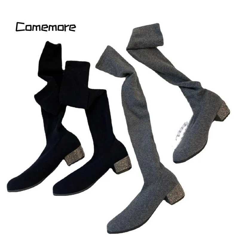 High Quality Cemore Wens Spring Autumn Lg Over Knee Boots Womens Elastic Square Low H Wide Stripe Shoes Sexual Knee High Socks Boots T241206