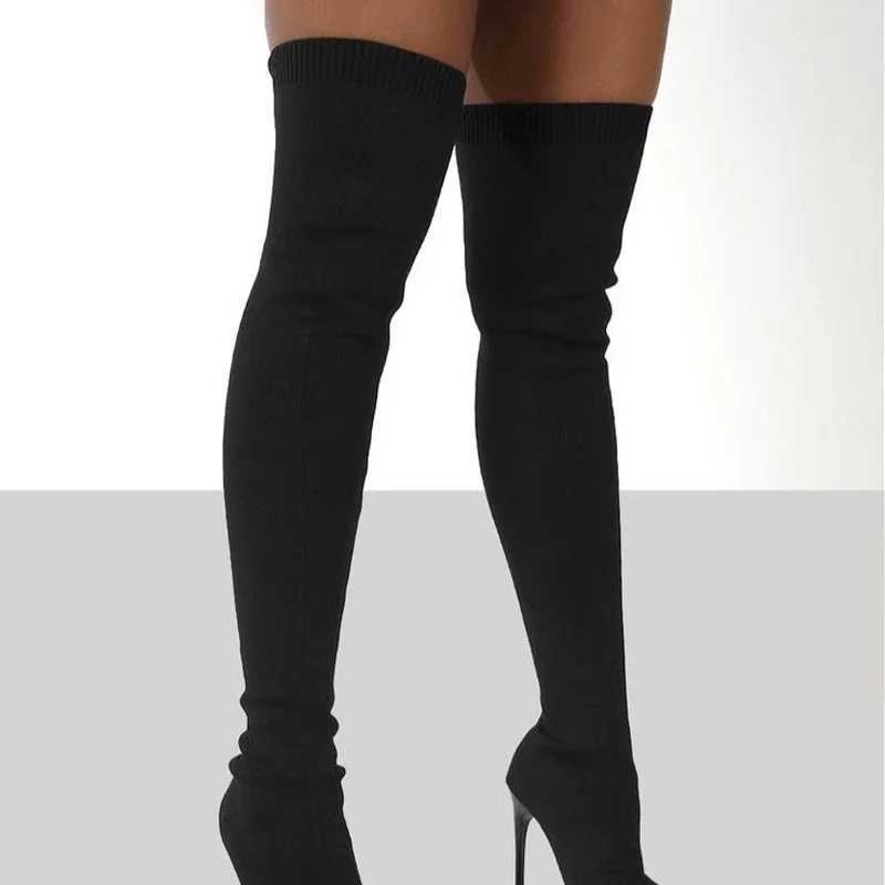 High Quality Wen Autumn Over The Knee Boots Stiletto High Heels Elastic Knitted Tube Shoes Beige Black Sexy Bota Fnina 20 T241206