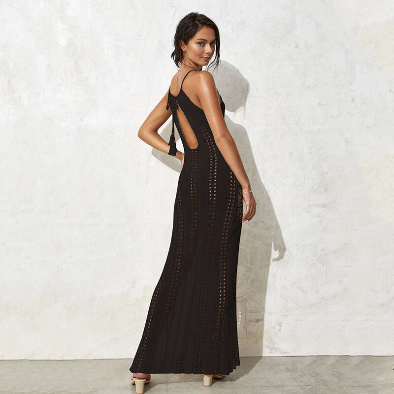 European and American suspender, backless side split sexy hollow out beach knitted dress, 2024 new casual versatile fashion clothing