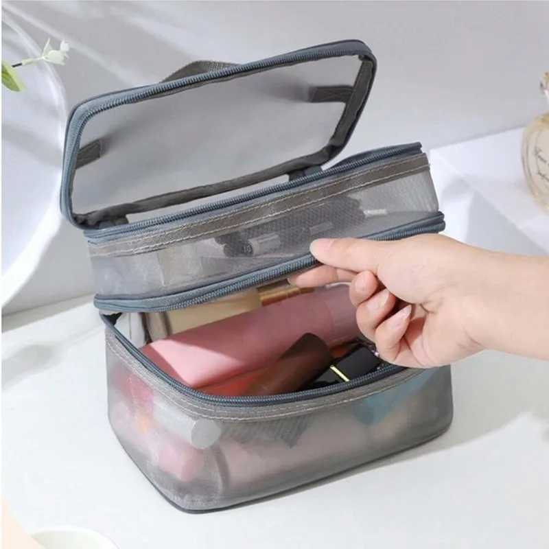 Womens Double-layer Mesh Makeup Bag Portable Large Capacity Toiletries Box Cosmetics Storage ToolXJ241206