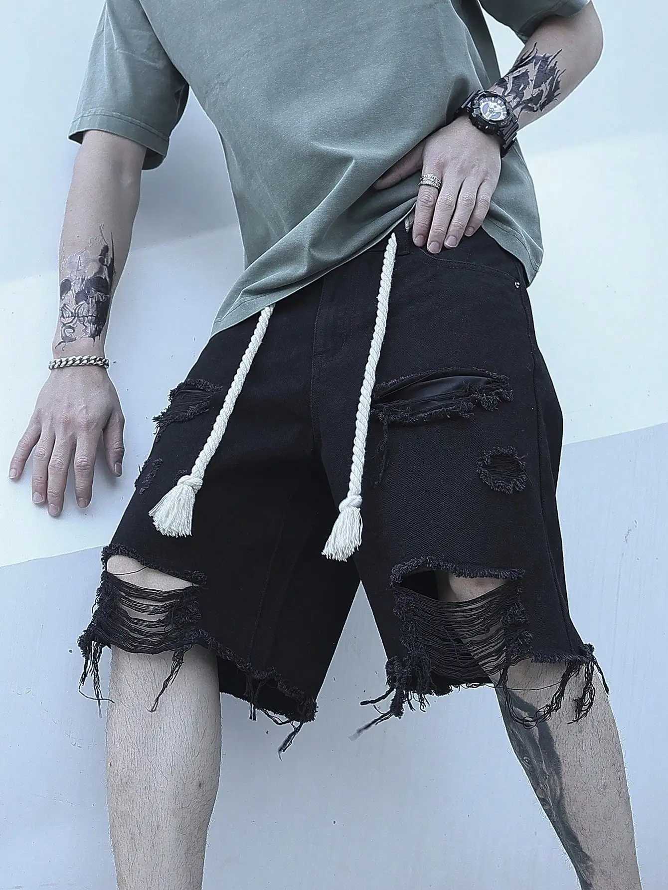 Mens Summer Street Style Ripped Dye Design Denim Shorts with High Stretch Knee Length ComfortXJ241206