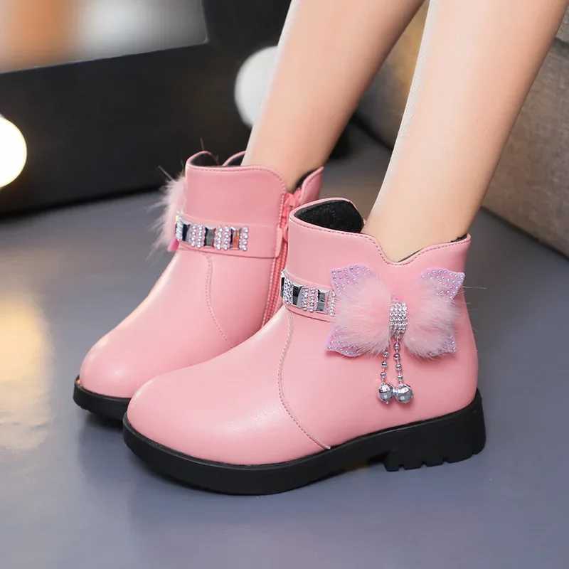 2023 Autumn Winter Girls Boot Soft Leather Ankle Boots Plus Velvet Warm Kids Shoes Toddler Non-slip Cotton Boots Princess ShoesXJ241206