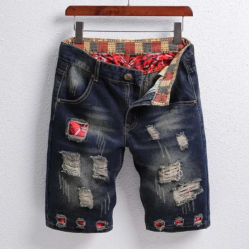 2024 Summer Jeans Mens Flip Denim Shorts New Worn Hole Patch Vintage Young Design Fashion Ruined Plus Size Summer PantsXJ241206