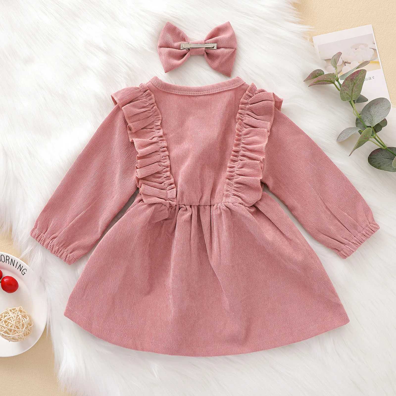 0-5Y Kids Girls Casual Corduroy Dress Baby Fall Winter Clothing Long Sleeve Ruffle A-line Princess Dress Headband OutfitsXJ241206