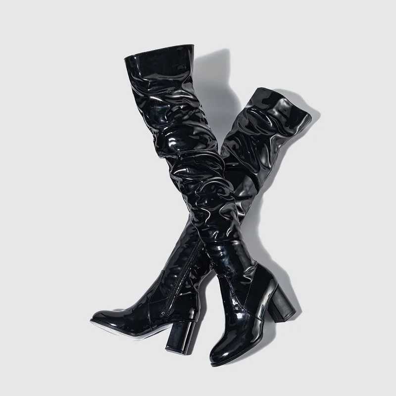 High Quality Eilyken winter patent leather knee boots Fi Niglub round toe zipper boots square high H womens shoes T241206