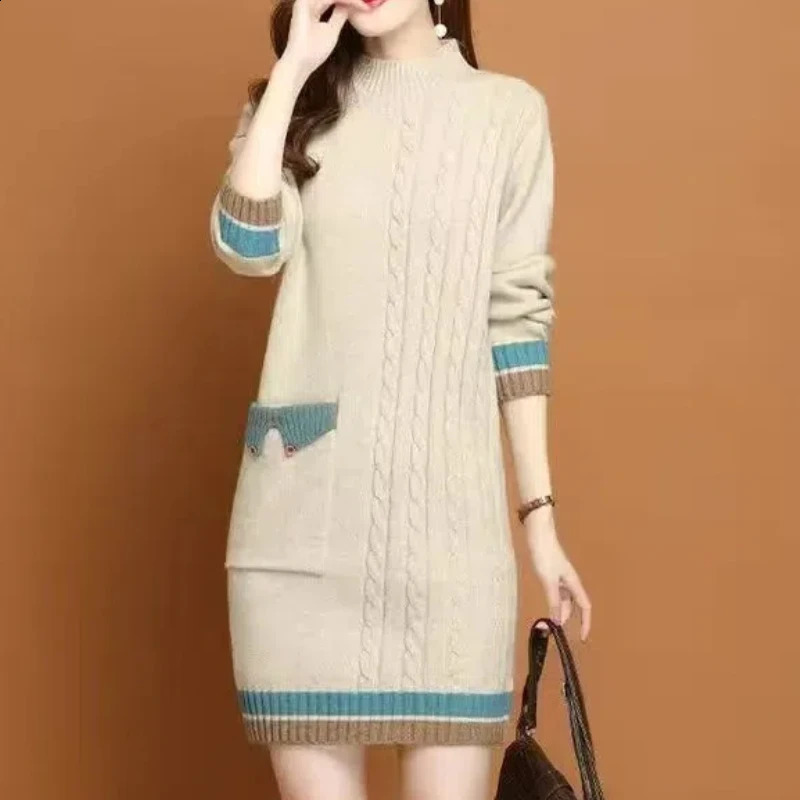 Womens Autumn Winter Thick Midlength Korean Commute Loose Half High Collar Patchwork Pocket Button Knitted Sweater Dresses 241205
