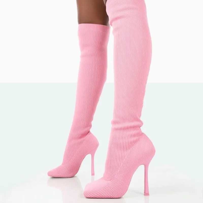 High Quality Knitted elastic knee high boots square toe slim high heels sliding boots winter shoes party dresses sexy Ccise T241206