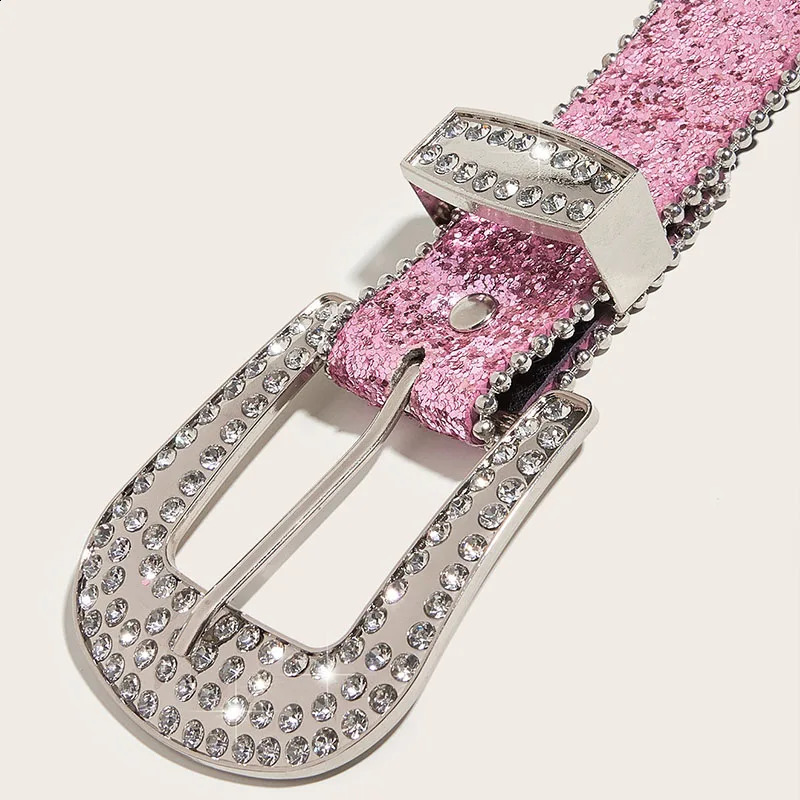 Fashion Sequin Pink Rhinestone Belt for Women Y2K Pin Buckle Waist Strap Female Jeans Trouser Decor Waistband 241205