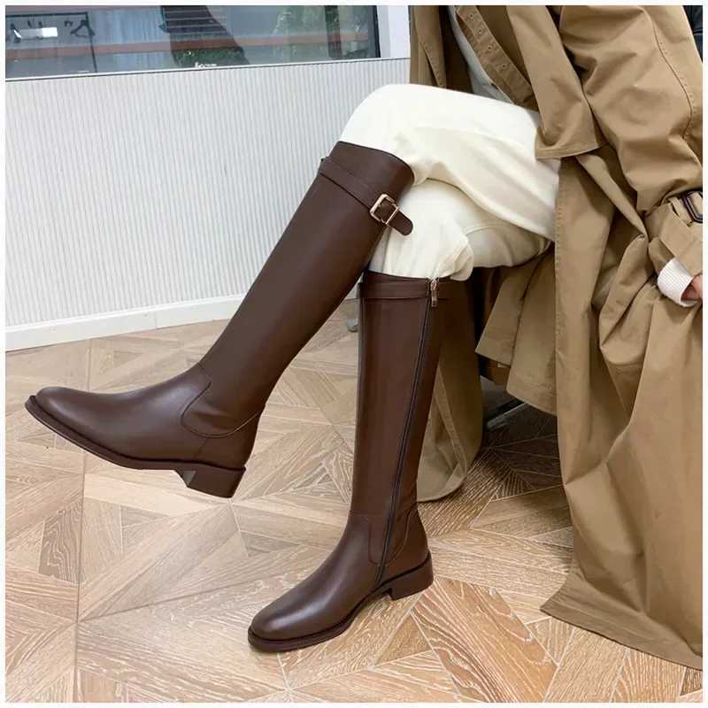 High Quality Ladies Knight Boots Classic Warm Boots Side Zipper Round Toe Thick Heel Thin Knee Boots Autumn Winter Wimbledon T241206