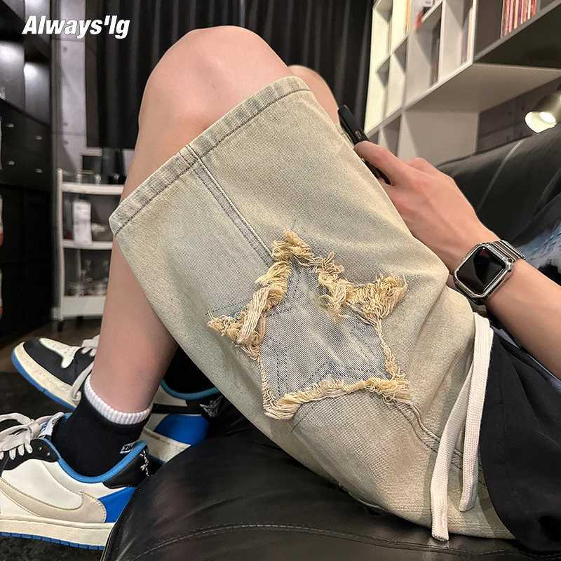 Patchwork Star Pattern Denim Shorts Men Straight Loose Sports Casual Baggy Pants Male Short Jeans Mens Vintage Knee Length PantsXJ241206