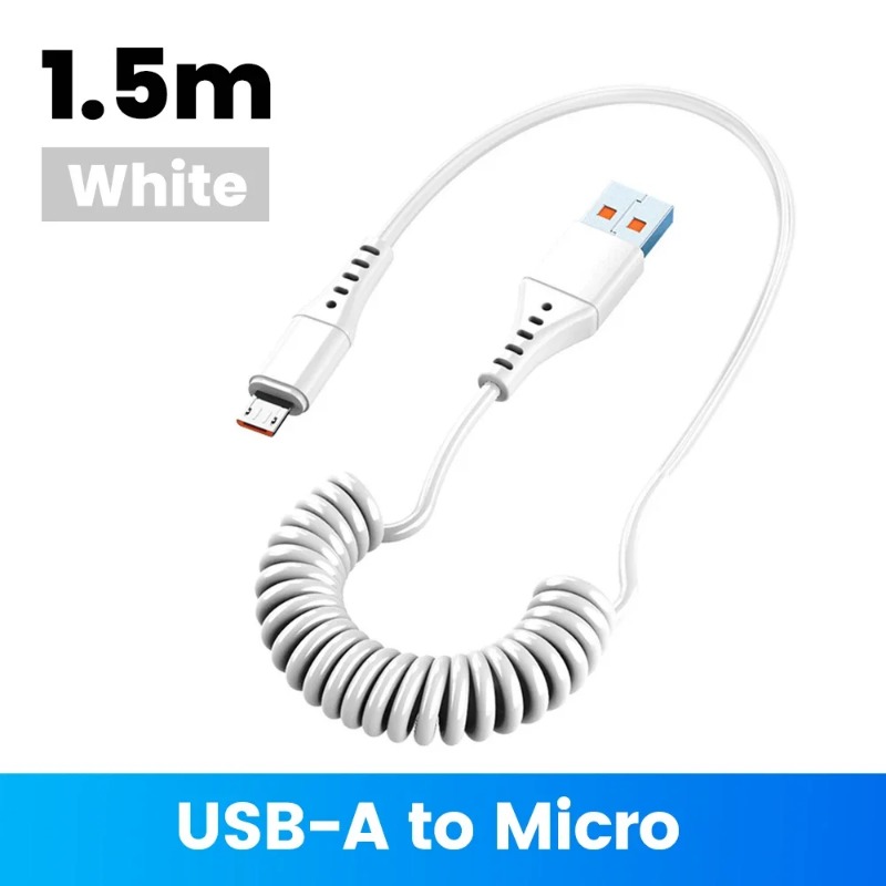 120W Car Spring Cable USB Type C Fast Charging Micro USB Cable For iPhone 16 15 Samsung Xiaomi Huawei Quick Charger 3.0