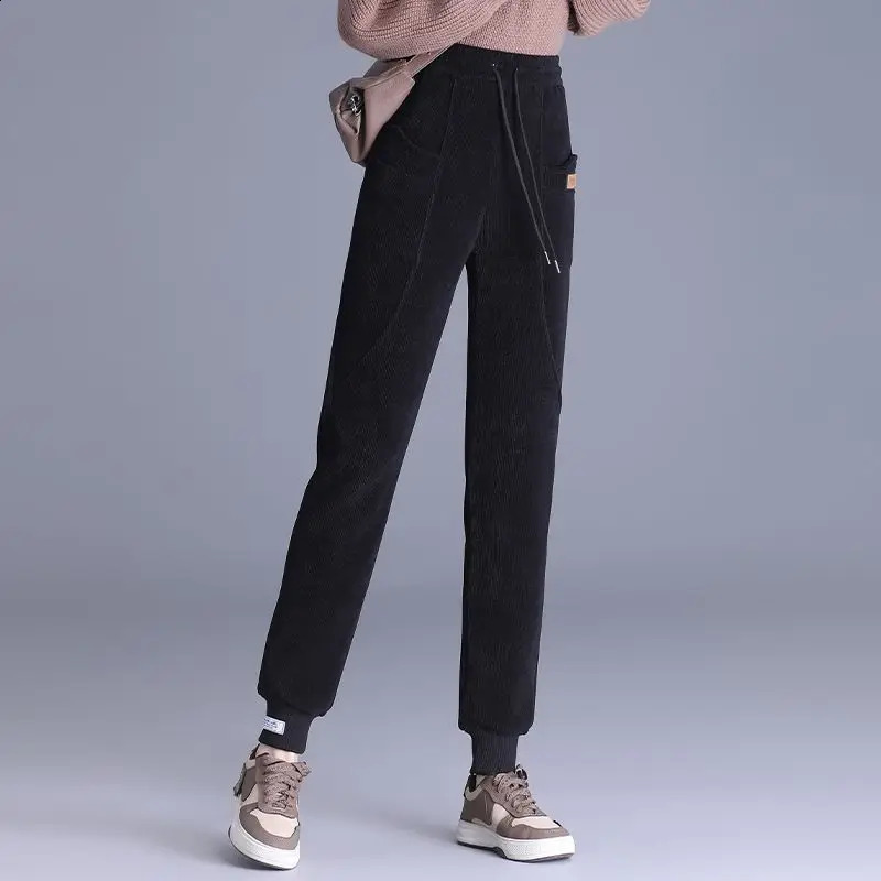 Autumn and winter womens pure thin high waisted elastic drawstring running pants with pockets for fashionable and casual commuters 241202