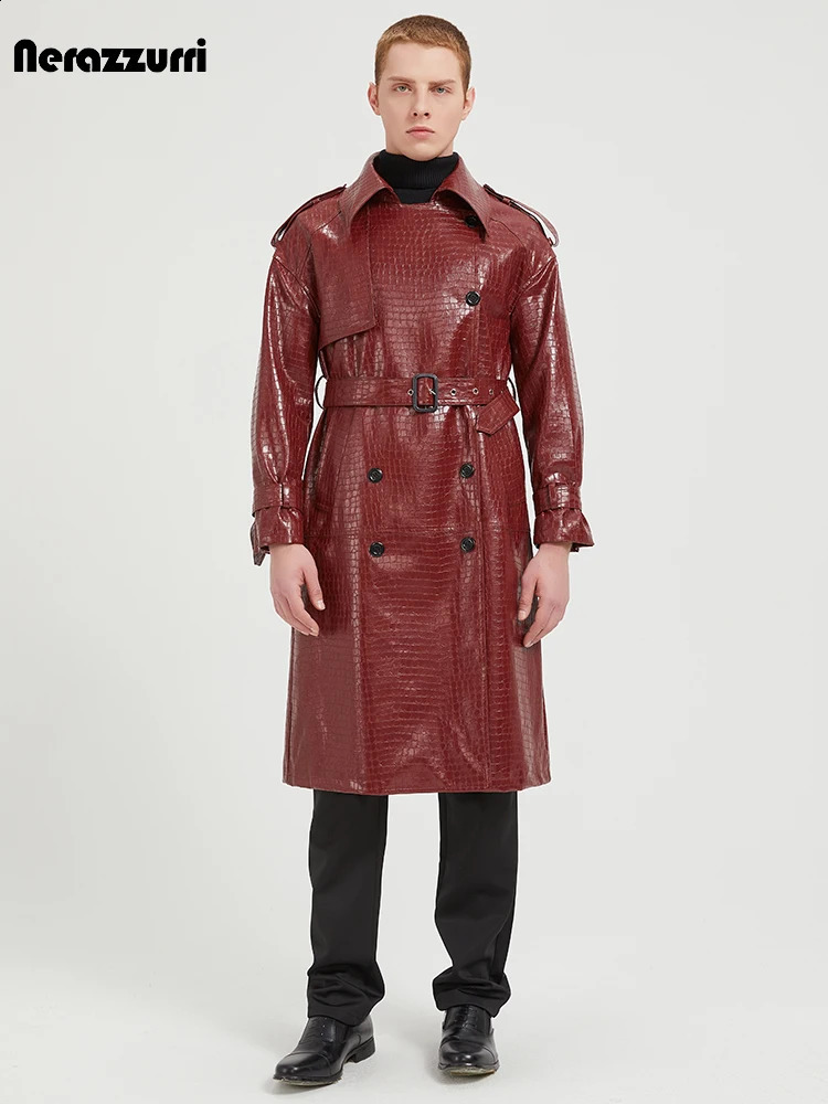 Nerazzurri Spring Autumn Cool Long Elegant Chic Shiny Print Pu Leather Trench Coat Men Belt er Clothes 241119