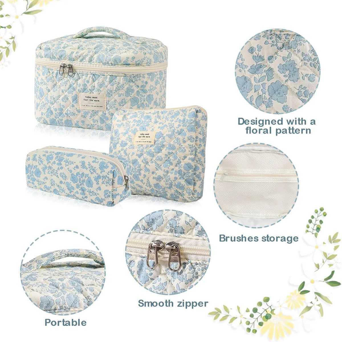 YANZAI 3 Pcs Cott Quilted Makeup Bag Set Floral Cott Cosmetic Bag Ahetic Womens Large Capacity Toiletry OrganizerXJ241206