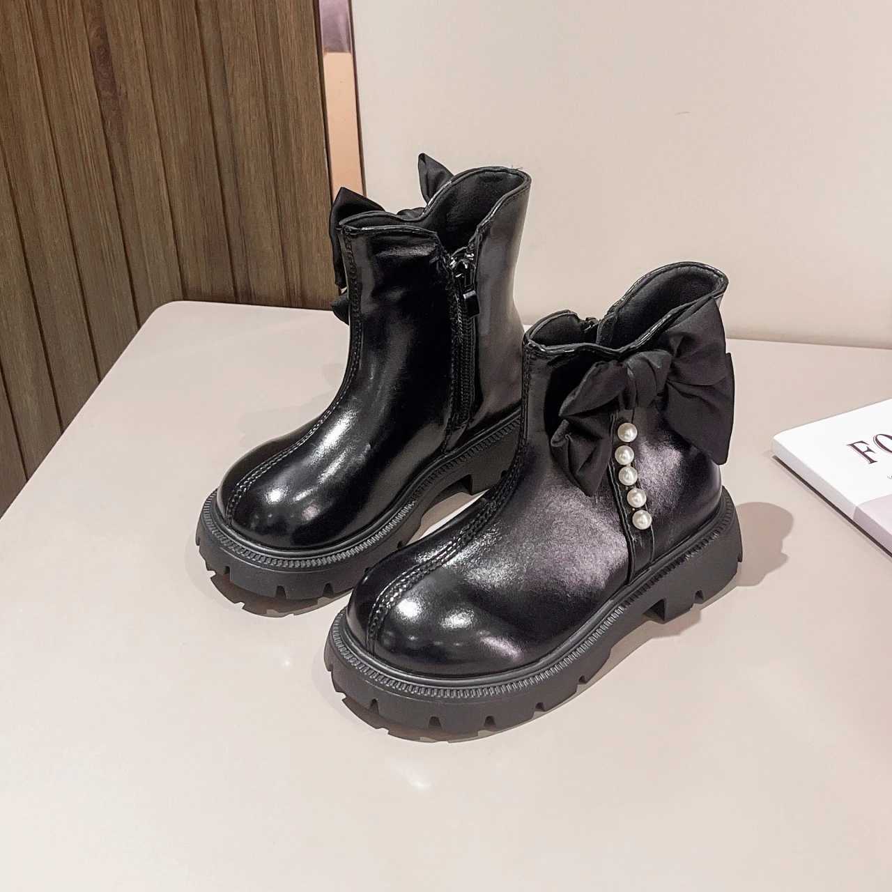 Girls Autumn Boots Pearl Bowknot Chunky Zipper Mid-calf Kids Short Boot Pu Leather Slish Sweet Black Beige Children BootXJ241206