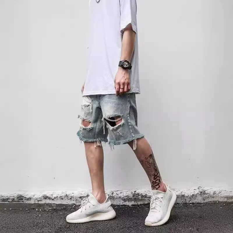 American Style Denim Shorts For Men Trendy Loose-Fit Summer Thin Section Fringe Damaged Design Sensibility Niche Brand Mid-LengtXJ241206