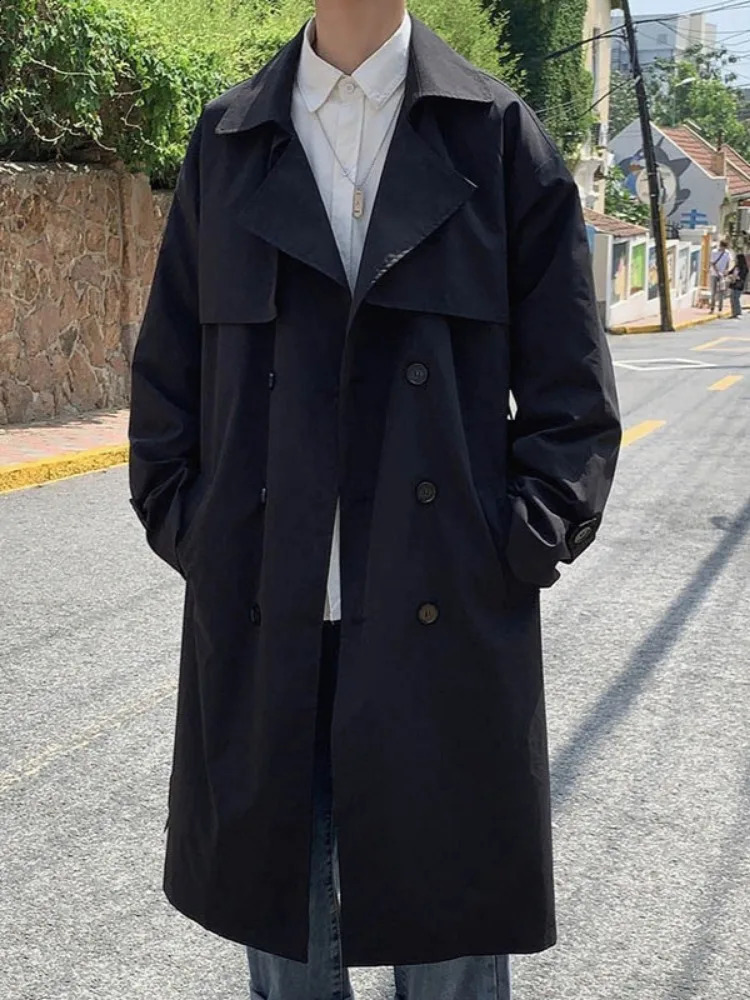 Long Man Trench Coat Midlength Doublebreasted Loose Jacket Korean Version Casual Handsome Outerwear Autumn Winter Waterproof 241202