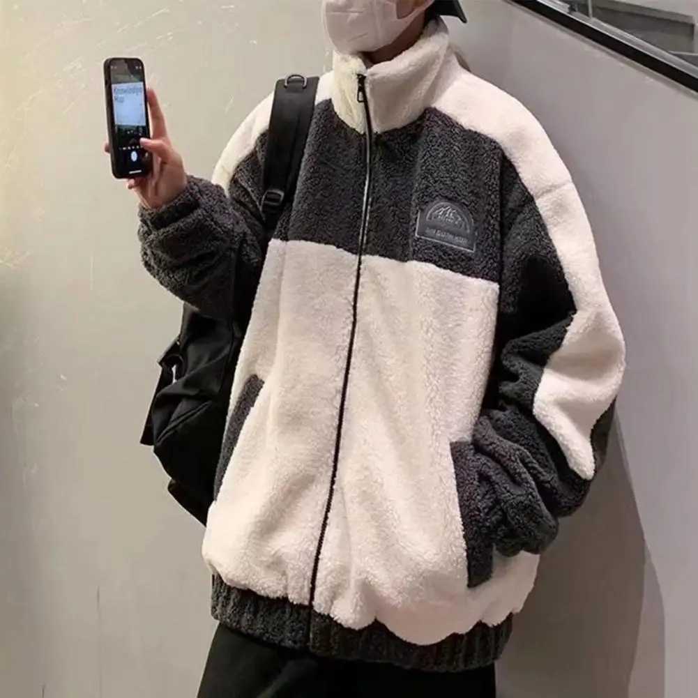 Autumn Winter Men Coat Imitation Cashmere Pocket Jacket Trend Patchwork Loose Plush Jacket Cotton paddedHigh Street PunkXJ241206