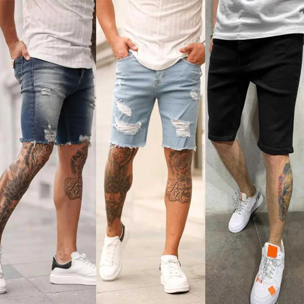 Special Shorts Summer Clothes Frayed Men Jean Shorts Attractive Knee-length Short Pants for SchoolXJ241206