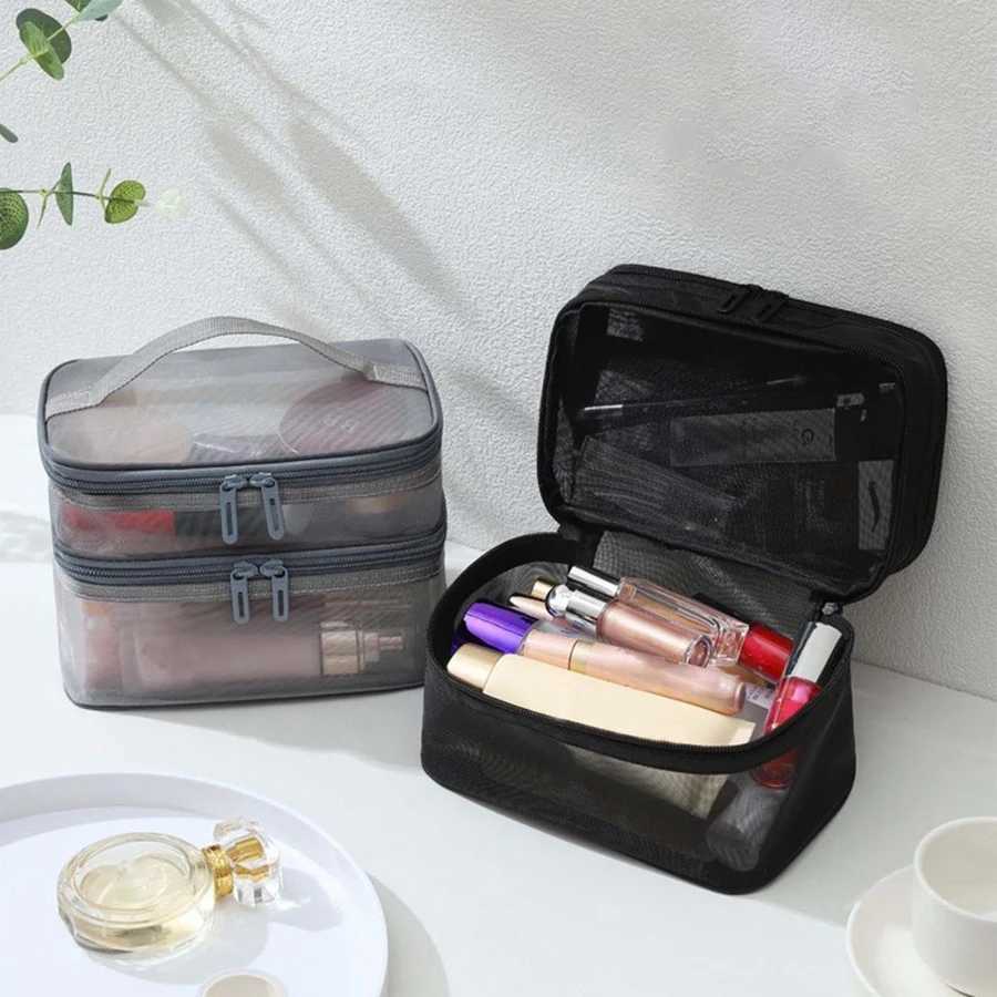 Womens Double-layer Mesh Makeup Bag Portable Large Capacity Toiletries Box Cosmetics Storage ToolXJ241206